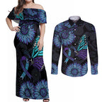 Australia Indigenous Couples Matching Off Shoulder Maxi Dress and Long Sleeve Button Shirt Teal & Purple Sunflower Aboriginal Arts