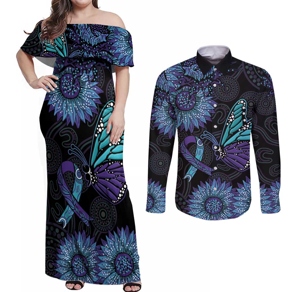 Australia Indigenous Couples Matching Off Shoulder Maxi Dress and Long Sleeve Button Shirt Teal & Purple Sunflower Aboriginal Arts