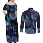 Australia Indigenous Couples Matching Off Shoulder Maxi Dress and Long Sleeve Button Shirt Teal & Purple Sunflower Aboriginal Arts