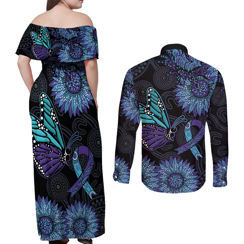Australia Indigenous Couples Matching Off Shoulder Maxi Dress and Long Sleeve Button Shirt Teal & Purple Sunflower Aboriginal Arts