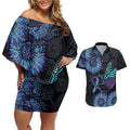 Australia Indigenous Couples Matching Off Shoulder Short Dress and Hawaiian Shirt Teal & Purple Sunflower Aboriginal Arts