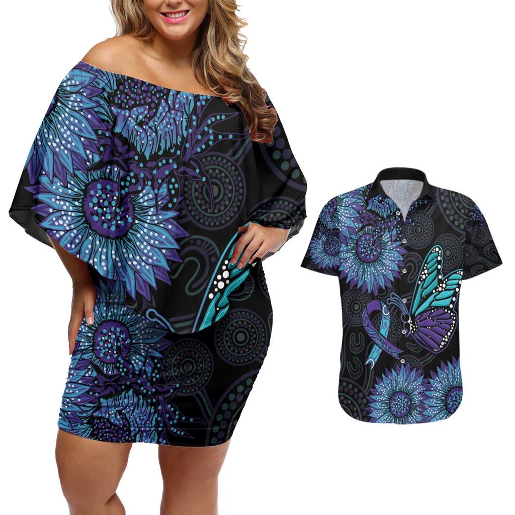 Australia Indigenous Couples Matching Off Shoulder Short Dress and Hawaiian Shirt Teal & Purple Sunflower Aboriginal Arts