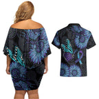 Australia Indigenous Couples Matching Off Shoulder Short Dress and Hawaiian Shirt Teal & Purple Sunflower Aboriginal Arts