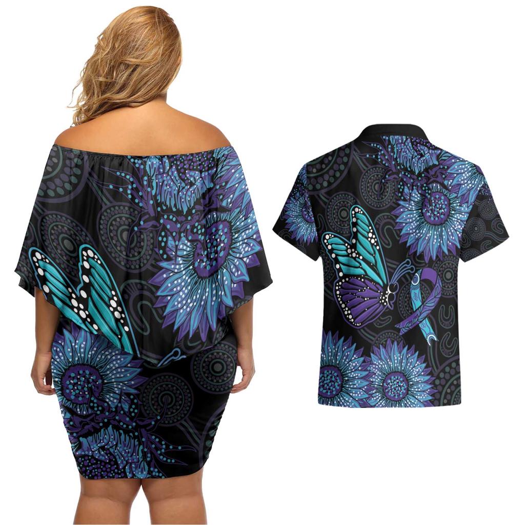 Australia Indigenous Couples Matching Off Shoulder Short Dress and Hawaiian Shirt Teal & Purple Sunflower Aboriginal Arts