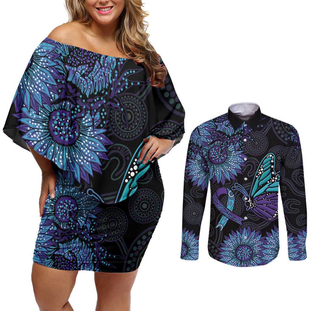 Australia Indigenous Couples Matching Off Shoulder Short Dress and Long Sleeve Button Shirt Teal & Purple Sunflower Aboriginal Arts