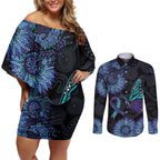 Australia Indigenous Couples Matching Off Shoulder Short Dress and Long Sleeve Button Shirt Teal & Purple Sunflower Aboriginal Arts