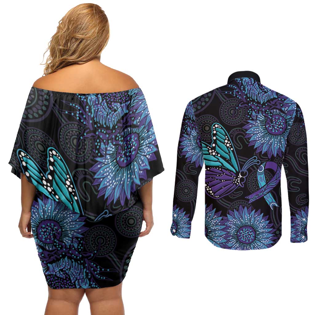 Australia Indigenous Couples Matching Off Shoulder Short Dress and Long Sleeve Button Shirt Teal & Purple Sunflower Aboriginal Arts