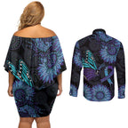 Australia Indigenous Couples Matching Off Shoulder Short Dress and Long Sleeve Button Shirt Teal & Purple Sunflower Aboriginal Arts