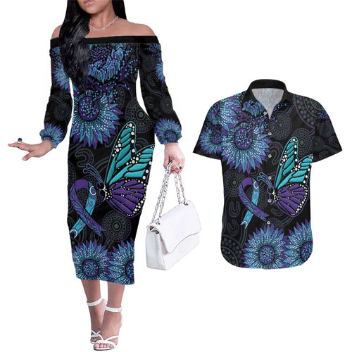 Australia Indigenous Couples Matching Off The Shoulder Long Sleeve Dress and Hawaiian Shirt Teal & Purple Sunflower Aboriginal Arts