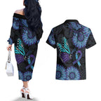 Australia Indigenous Couples Matching Off The Shoulder Long Sleeve Dress and Hawaiian Shirt Teal & Purple Sunflower Aboriginal Arts
