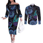 Australia Indigenous Couples Matching Off The Shoulder Long Sleeve Dress and Long Sleeve Button Shirt Teal & Purple Sunflower Aboriginal Arts