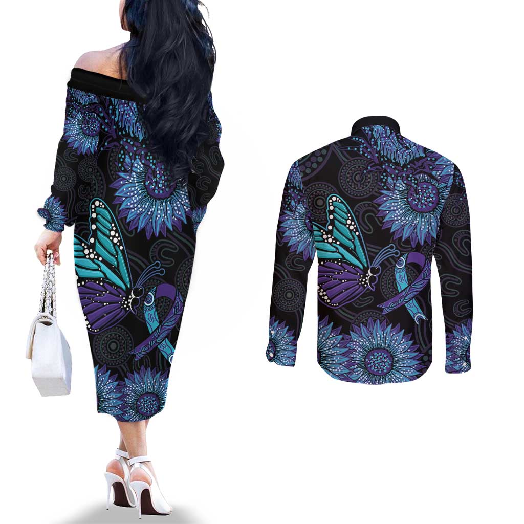 Australia Indigenous Couples Matching Off The Shoulder Long Sleeve Dress and Long Sleeve Button Shirt Teal & Purple Sunflower Aboriginal Arts