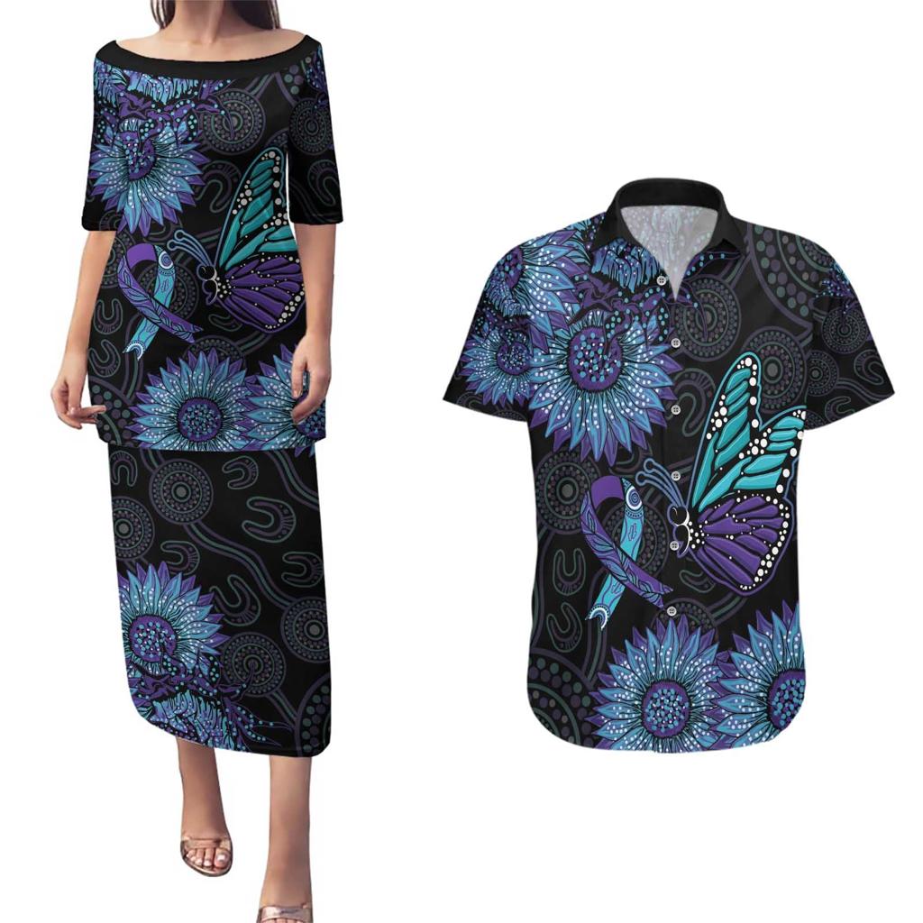 Australia Indigenous Couples Matching Puletasi and Hawaiian Shirt Teal & Purple Sunflower Aboriginal Arts
