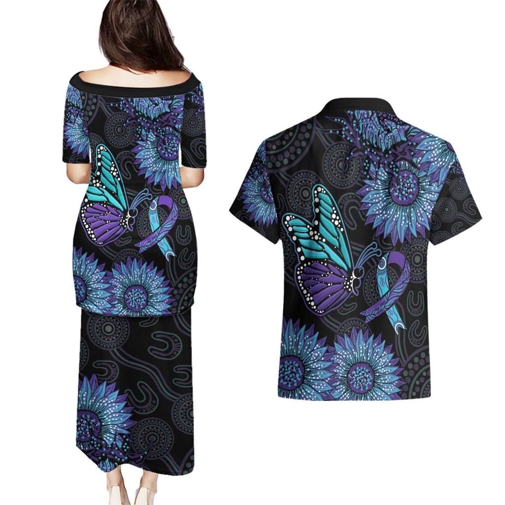 Australia Indigenous Couples Matching Puletasi and Hawaiian Shirt Teal & Purple Sunflower Aboriginal Arts
