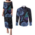 Australia Indigenous Couples Matching Puletasi and Long Sleeve Button Shirt Teal & Purple Sunflower Aboriginal Arts