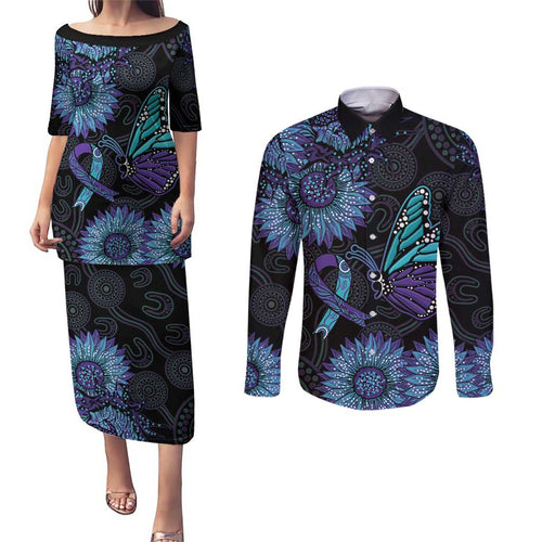 Australia Indigenous Couples Matching Puletasi and Long Sleeve Button Shirt Teal & Purple Sunflower Aboriginal Arts