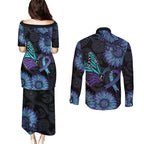 Australia Indigenous Couples Matching Puletasi and Long Sleeve Button Shirt Teal & Purple Sunflower Aboriginal Arts