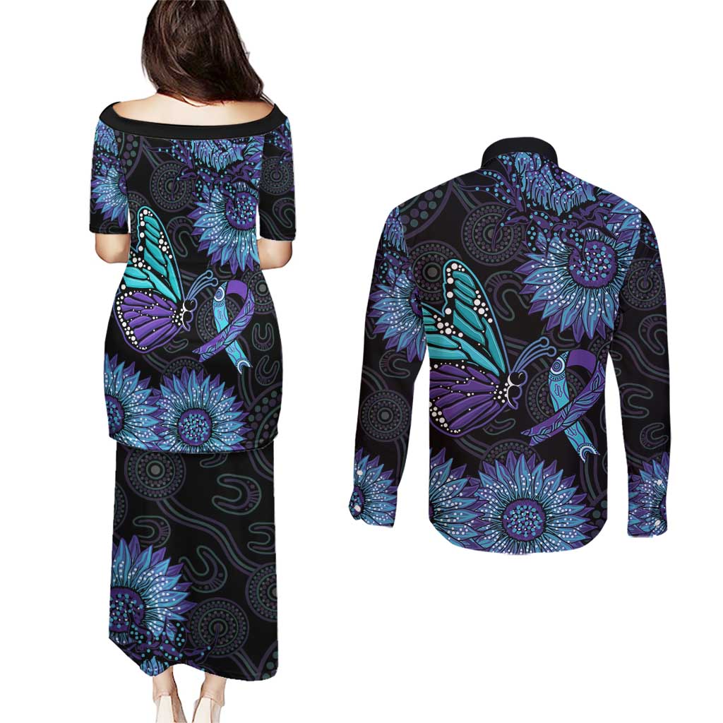 Australia Indigenous Couples Matching Puletasi and Long Sleeve Button Shirt Teal & Purple Sunflower Aboriginal Arts