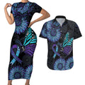 Australia Indigenous Couples Matching Short Sleeve Bodycon Dress and Hawaiian Shirt Teal & Purple Sunflower Aboriginal Arts