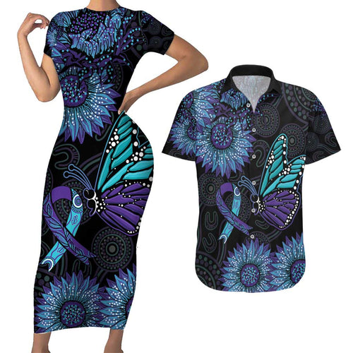 Australia Indigenous Couples Matching Short Sleeve Bodycon Dress and Hawaiian Shirt Teal & Purple Sunflower Aboriginal Arts