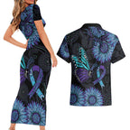 Australia Indigenous Couples Matching Short Sleeve Bodycon Dress and Hawaiian Shirt Teal & Purple Sunflower Aboriginal Arts