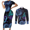 Australia Indigenous Couples Matching Short Sleeve Bodycon Dress and Long Sleeve Button Shirt Teal & Purple Sunflower Aboriginal Arts