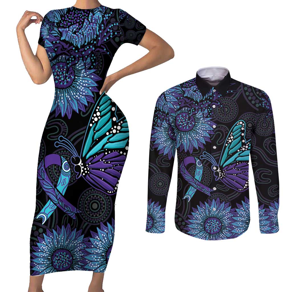 Australia Indigenous Couples Matching Short Sleeve Bodycon Dress and Long Sleeve Button Shirt Teal & Purple Sunflower Aboriginal Arts