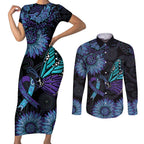Australia Indigenous Couples Matching Short Sleeve Bodycon Dress and Long Sleeve Button Shirt Teal & Purple Sunflower Aboriginal Arts