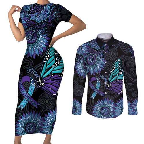 Australia Indigenous Couples Matching Short Sleeve Bodycon Dress and Long Sleeve Button Shirt Teal & Purple Sunflower Aboriginal Arts