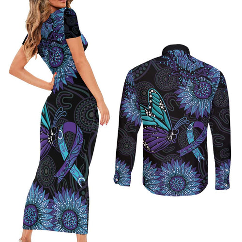 Australia Indigenous Couples Matching Short Sleeve Bodycon Dress and Long Sleeve Button Shirt Teal & Purple Sunflower Aboriginal Arts