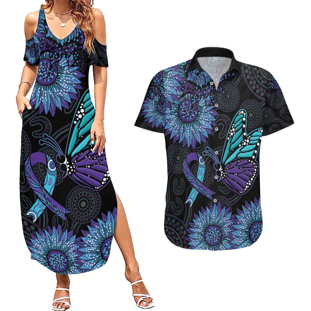 Australia Indigenous Couples Matching Summer Maxi Dress and Hawaiian Shirt Teal & Purple Sunflower Aboriginal Arts