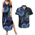 Australia Indigenous Couples Matching Summer Maxi Dress and Hawaiian Shirt Teal & Purple Sunflower Aboriginal Arts