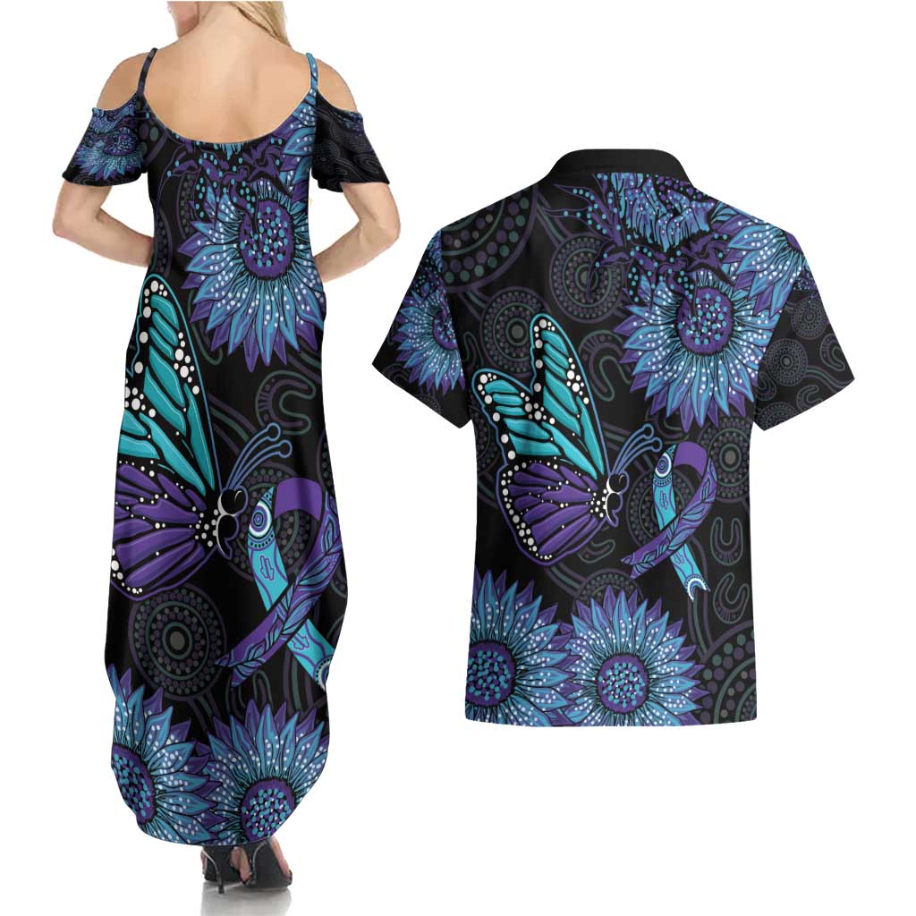Australia Indigenous Couples Matching Summer Maxi Dress and Hawaiian Shirt Teal & Purple Sunflower Aboriginal Arts