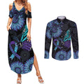 Australia Indigenous Couples Matching Summer Maxi Dress and Long Sleeve Button Shirt Teal & Purple Sunflower Aboriginal Arts