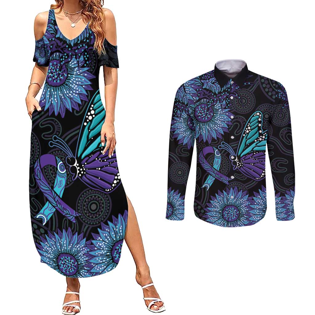 Australia Indigenous Couples Matching Summer Maxi Dress and Long Sleeve Button Shirt Teal & Purple Sunflower Aboriginal Arts