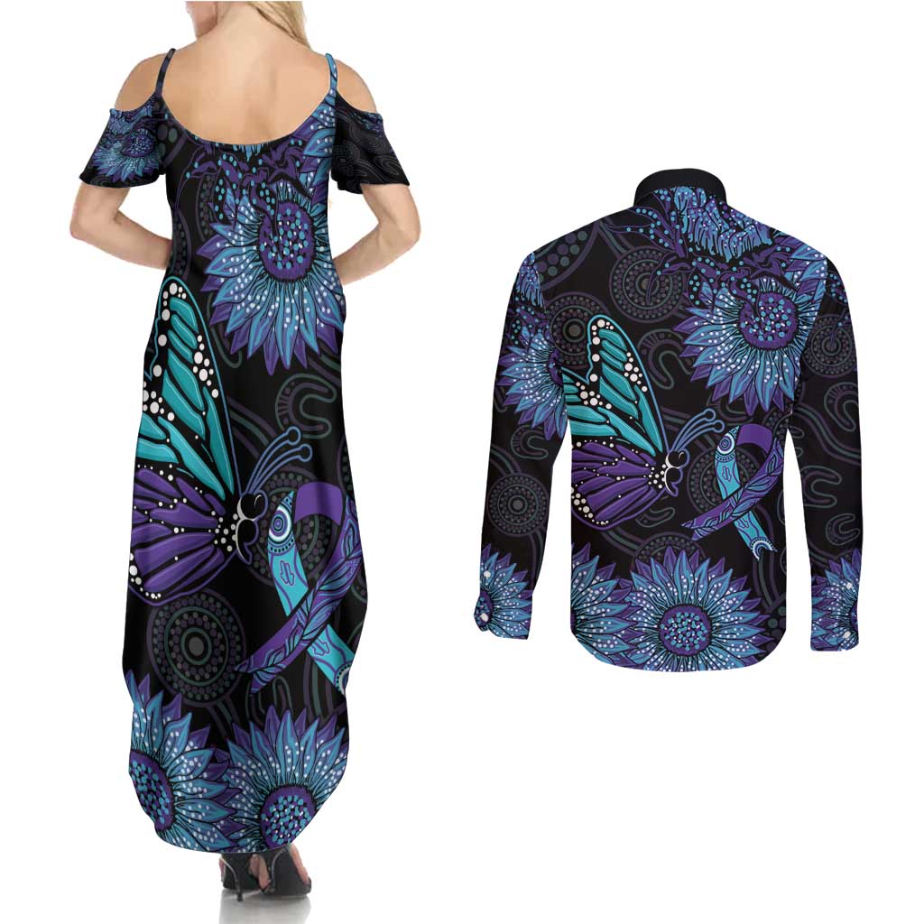 Australia Indigenous Couples Matching Summer Maxi Dress and Long Sleeve Button Shirt Teal & Purple Sunflower Aboriginal Arts