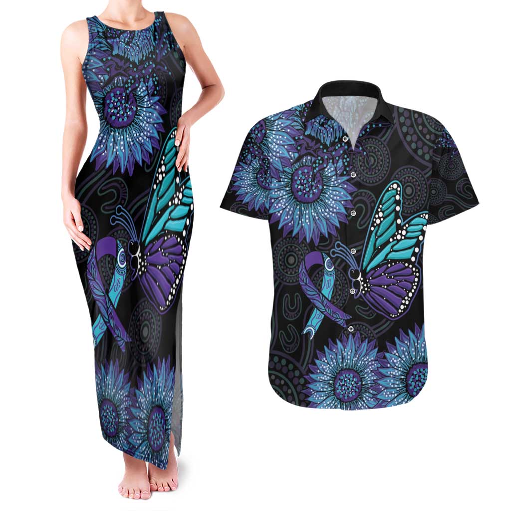 Australia Indigenous Couples Matching Tank Maxi Dress and Hawaiian Shirt Teal & Purple Sunflower Aboriginal Arts