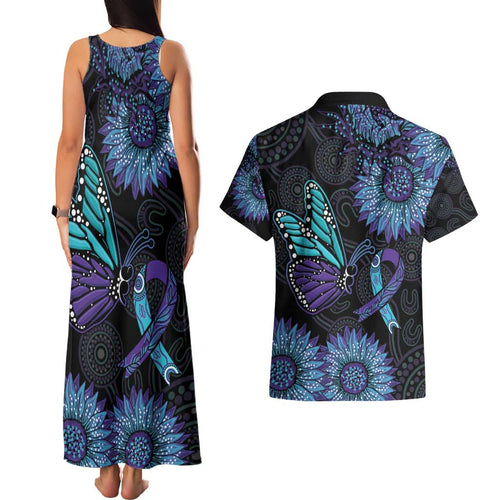 Australia Indigenous Couples Matching Tank Maxi Dress and Hawaiian Shirt Teal & Purple Sunflower Aboriginal Arts