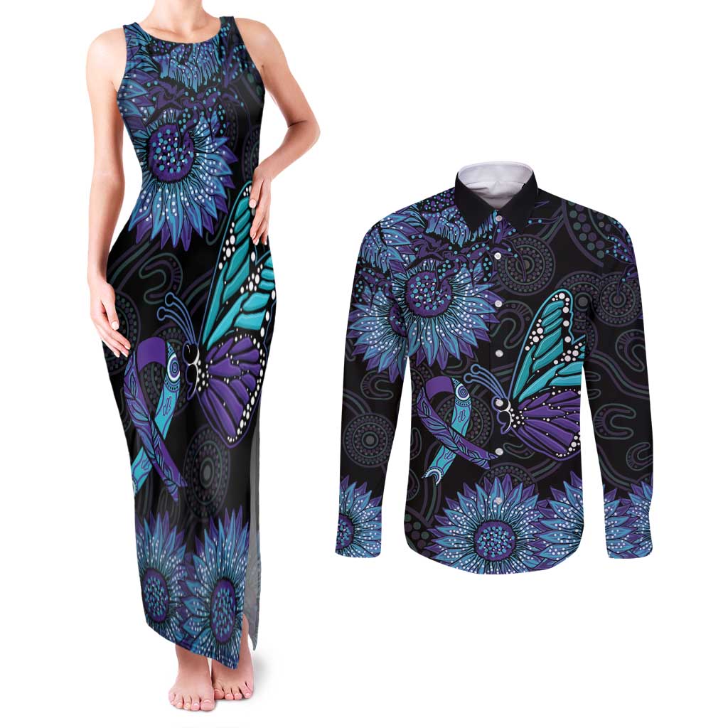 Australia Indigenous Couples Matching Tank Maxi Dress and Long Sleeve Button Shirt Teal & Purple Sunflower Aboriginal Arts
