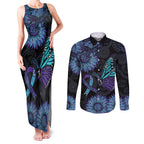 Australia Indigenous Couples Matching Tank Maxi Dress and Long Sleeve Button Shirt Teal & Purple Sunflower Aboriginal Arts