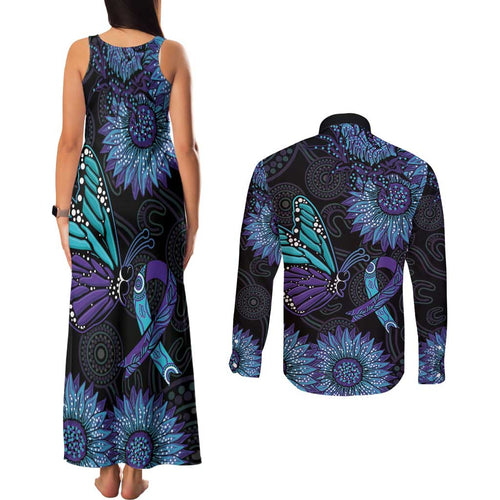 Australia Indigenous Couples Matching Tank Maxi Dress and Long Sleeve Button Shirt Teal & Purple Sunflower Aboriginal Arts