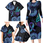 Australia Indigenous Family Matching Long Sleeve Bodycon Dress and Hawaiian Shirt Teal & Purple Sunflower Aboriginal Arts