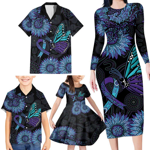 Australia Indigenous Family Matching Long Sleeve Bodycon Dress and Hawaiian Shirt Teal & Purple Sunflower Aboriginal Arts