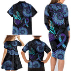 Australia Indigenous Family Matching Long Sleeve Bodycon Dress and Hawaiian Shirt Teal & Purple Sunflower Aboriginal Arts