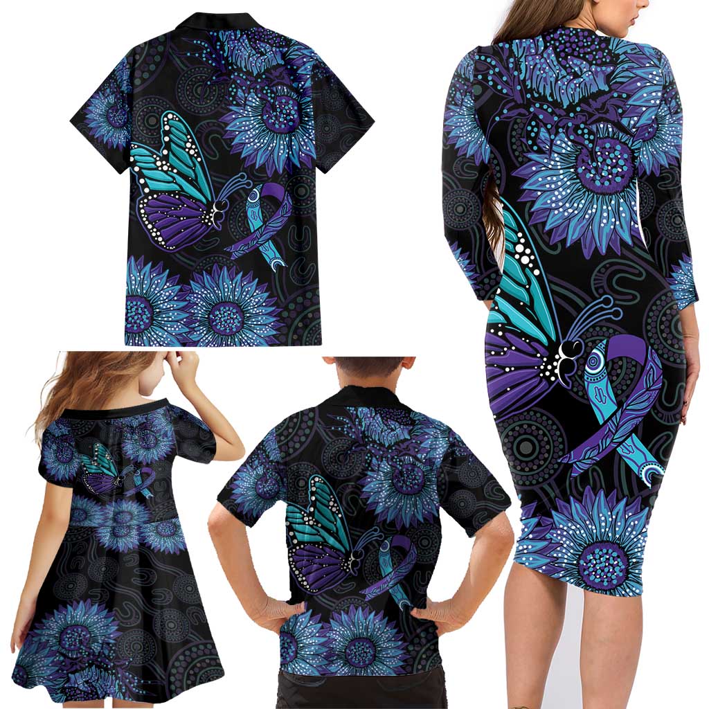 Australia Indigenous Family Matching Long Sleeve Bodycon Dress and Hawaiian Shirt Teal & Purple Sunflower Aboriginal Arts
