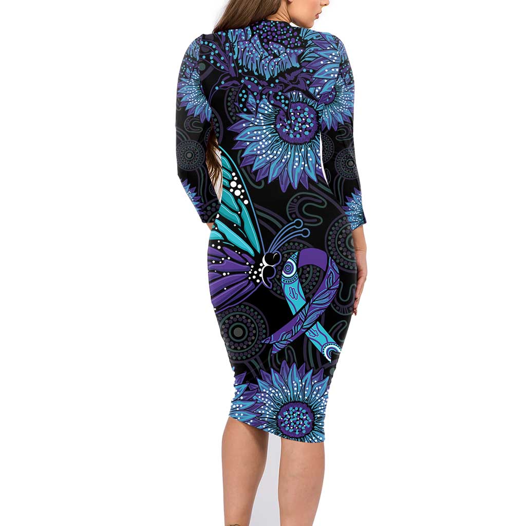 Australia Indigenous Family Matching Long Sleeve Bodycon Dress and Hawaiian Shirt Teal & Purple Sunflower Aboriginal Arts