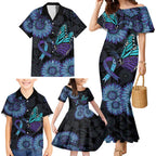 Australia Indigenous Family Matching Mermaid Dress and Hawaiian Shirt Teal & Purple Sunflower Aboriginal Arts