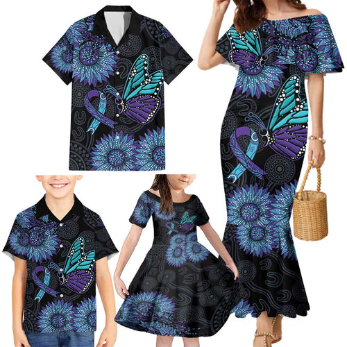 Australia Indigenous Family Matching Mermaid Dress and Hawaiian Shirt Teal & Purple Sunflower Aboriginal Arts