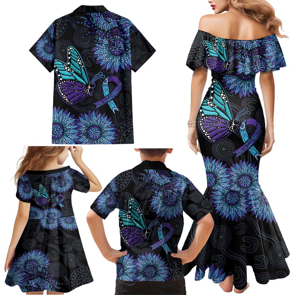 Australia Indigenous Family Matching Mermaid Dress and Hawaiian Shirt Teal & Purple Sunflower Aboriginal Arts