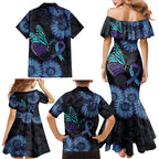 Australia Indigenous Family Matching Mermaid Dress and Hawaiian Shirt Teal & Purple Sunflower Aboriginal Arts